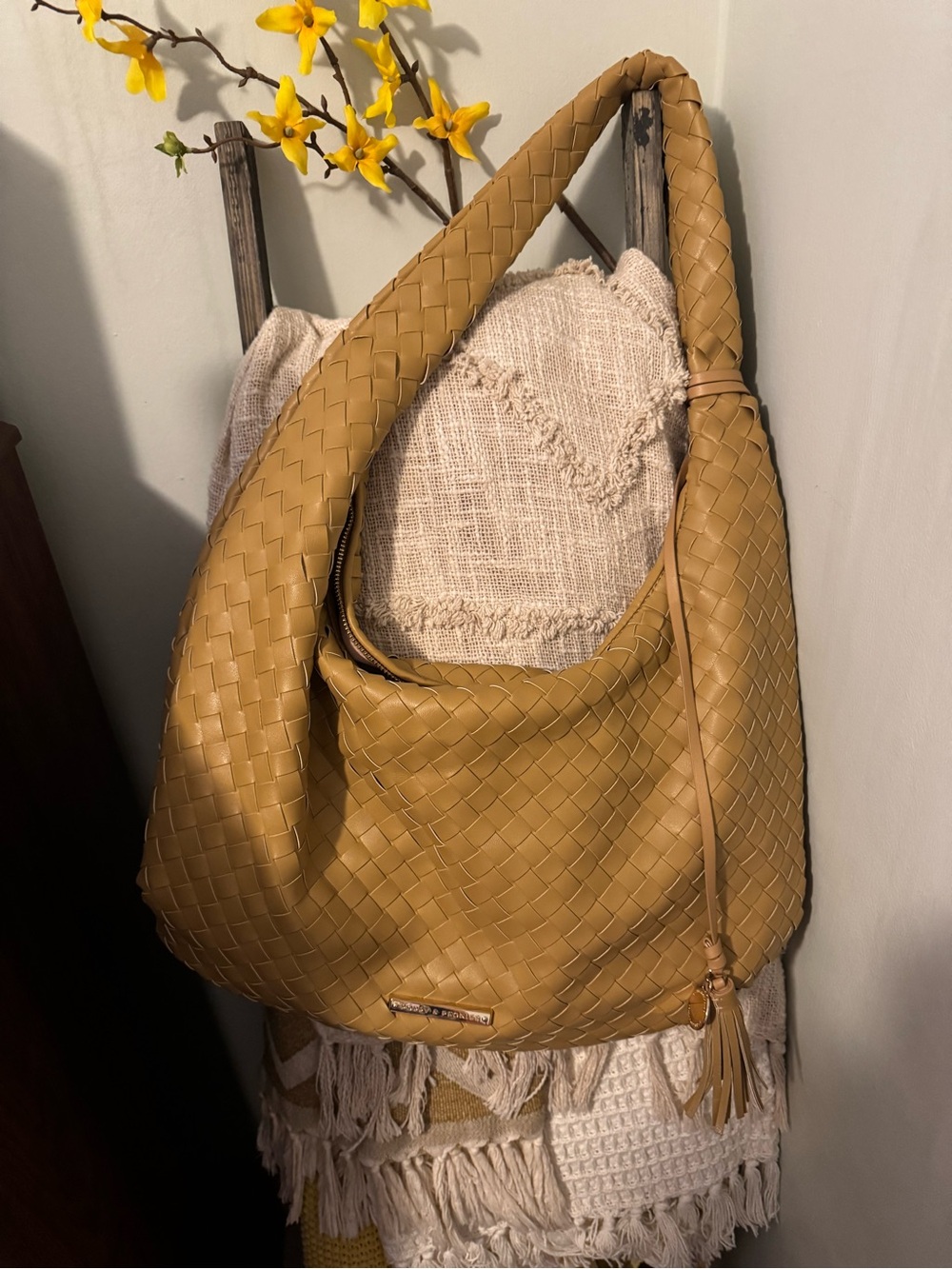 Poppy & Peonies Tan Woven Leather Hobo